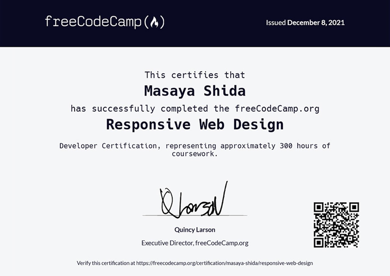 Certificate from freeCodeCamp's Responsive Web Design course.
